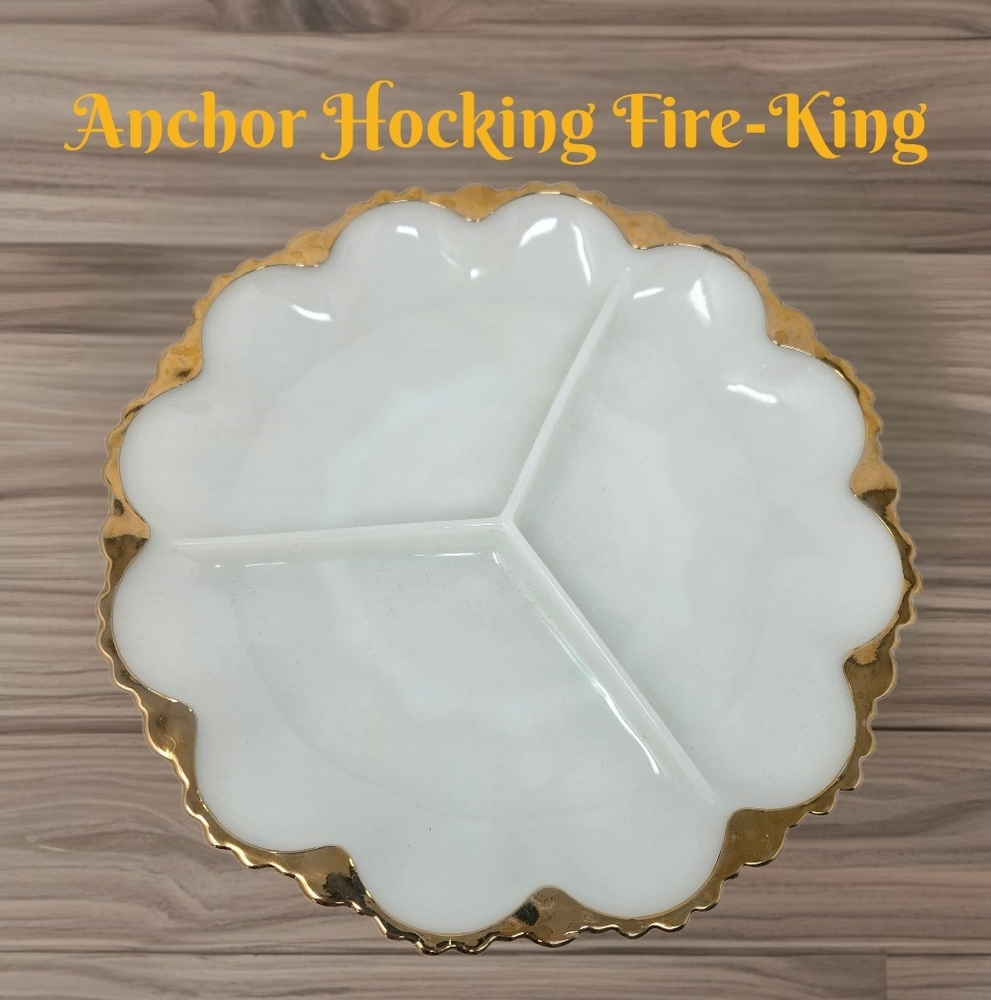 Anchor Hocking Fire-King Milk Glass-Gold Relish Cheese Cracker Dish 3 Sections